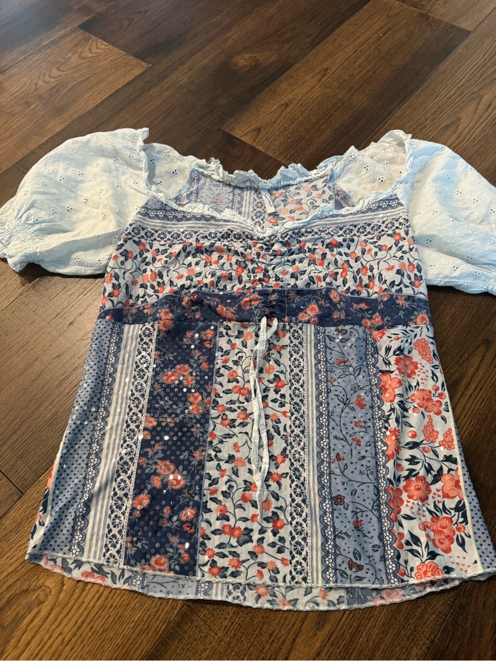 Urban Outfitters Blue & White Patchwork Floral Peasant Blouse